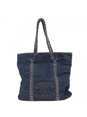Chanel Chain Denim Navy Silver Tote Bag